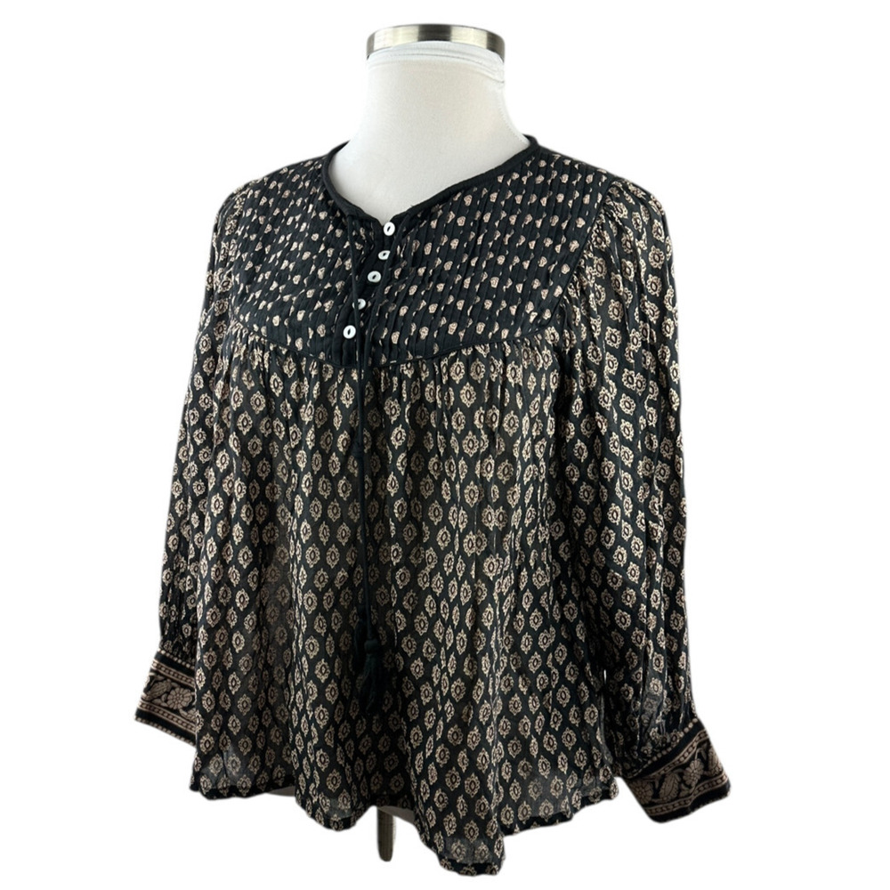 Cleobella Winter Blouse Black Brown Top Pintuck Small Peasant Boho Anthropologie - Picture 14 of 16